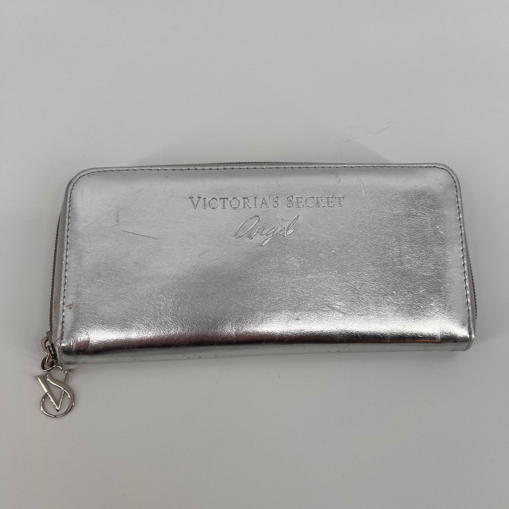 Victoria's Secret Angel Wallet Women Silver Faux Leather Zip Around Y2K Chic